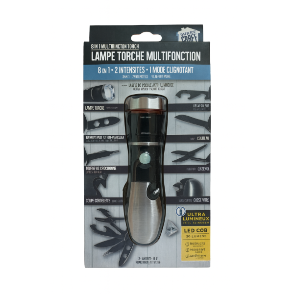 photo-Lampe torche - LED COB - 8 en 1 - Ultra lumineux - Décapsuleur, tournevis, couteau, ciseaux, brise-vitre