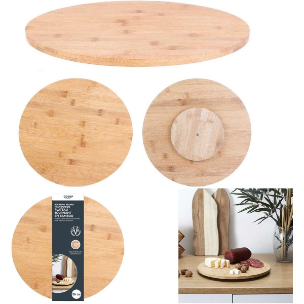 Plateau - Rond - Tournant - Bois bambou - 35cm diamètre - Idéal fromages, fruits, apéritif
