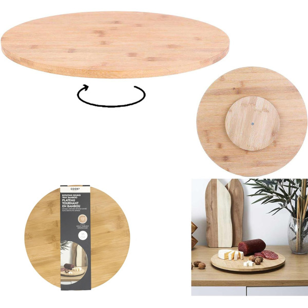 Plateau - Rond - Tournant - Bois bambou - 35cm diamètre - Idéal fromages, fruits, apéritif