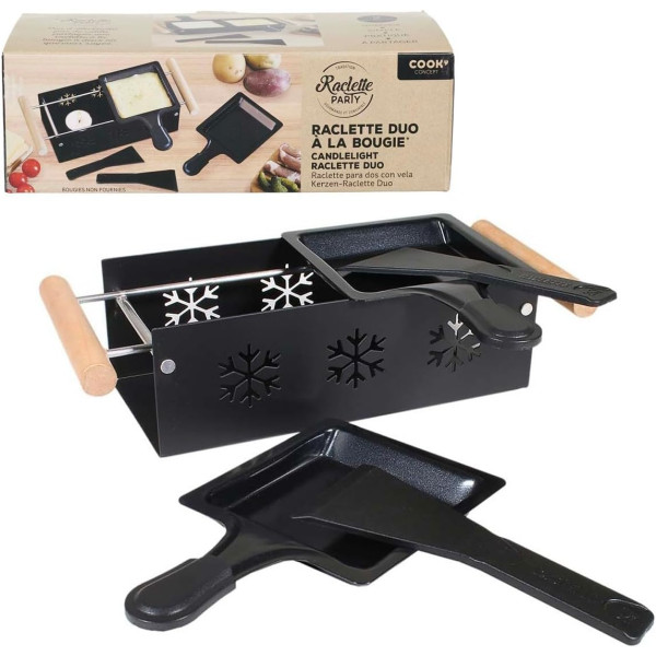 photo-Appareil à raclette - 2 personnes - Chauffe avec bougie - 2 poêlons + spatules bois