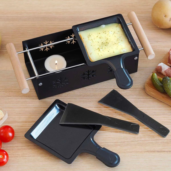 Appareil à raclette - 2 personnes - Chauffe avec bougie - 2 poêlons + spatules bois