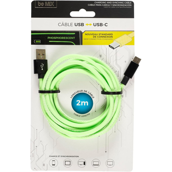 photo-Câble de charge rapide - TYPE C et USB - 2m de longueur - Couleur fluo