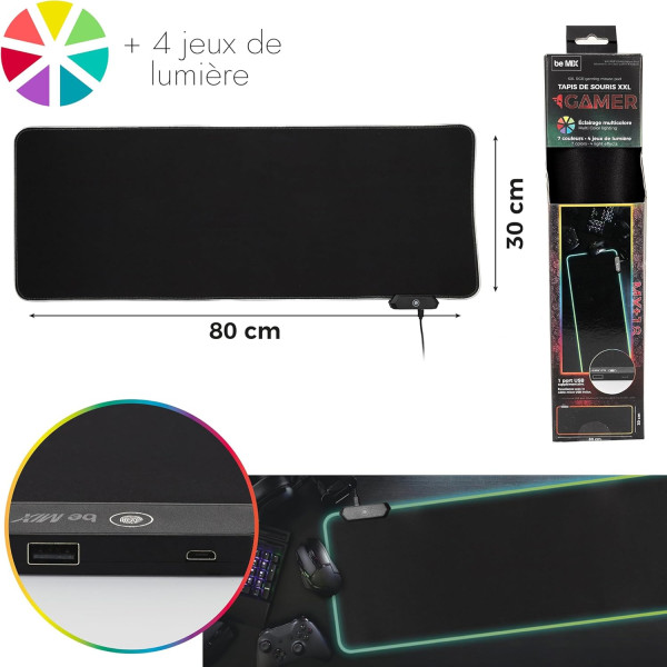 Tapis de souris - Gamer - Noir - Grand format 80x30cm - 2 ports USB + éclairage RGB