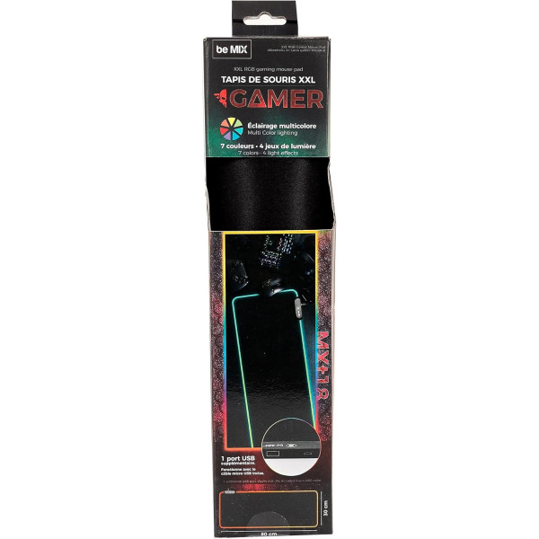Tapis de souris - Gamer - Noir - Grand format 80x30cm - 2 ports USB + éclairage RGB