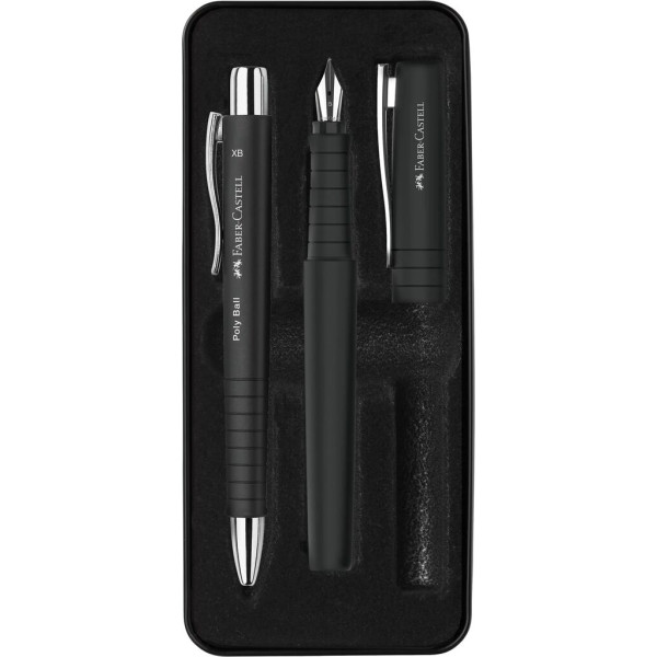 photo-Stylo à bille et stylo plume - Noir - Encre bleue - Soft touch - Grip - Faber-castell - Poly Ball