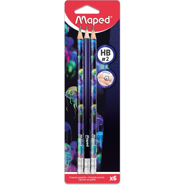 photo-6 crayons graphite - HB - N°2 - Embout gomme - Mine résistante - Maped - Deepsea