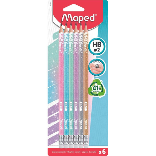 photo-6 crayons graphite - HB - N°2 - Embout gomme - Couleurs pailletées - Maped
