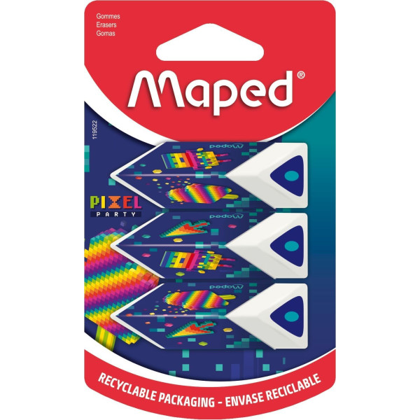 photo-Gommes - Blanche - Triangulaire - Ergonomique - Lot de 3 - Maped - Pixel party