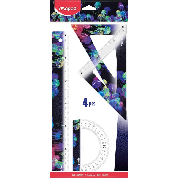photo-Set de traçage - Règle 30cm - Equerres 60°/45° - Rapporteur - Plastique - Scolaire - Maped