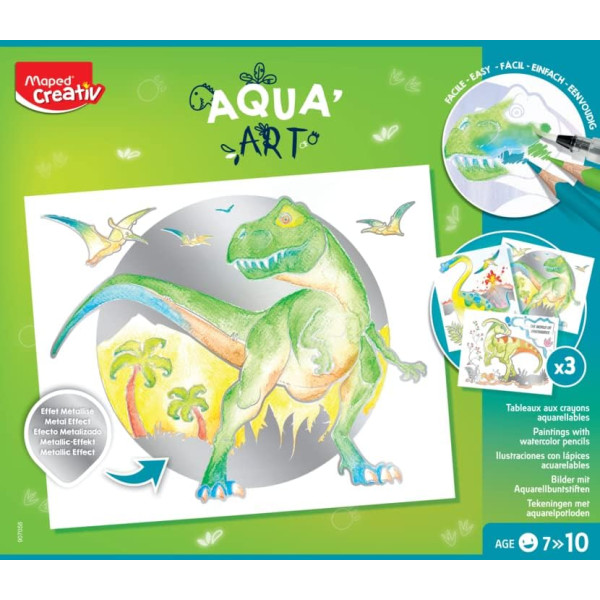 photo-Coffret coloriage - Thème dinosaure - 3 modèles + crayons aquarellables - Dès 7 ans - Maped creativ