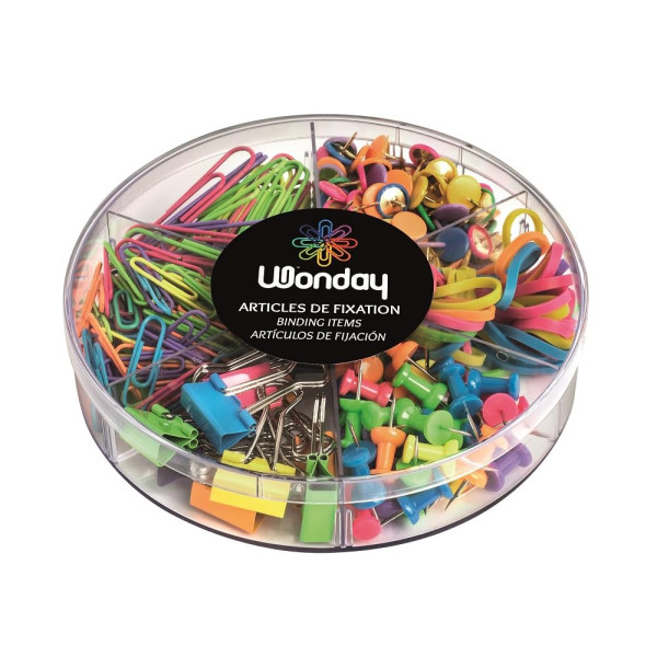 photo-Boîte de punaises, trombones, pinces et élastiques - Assortis couleur - Bureau, scolaire