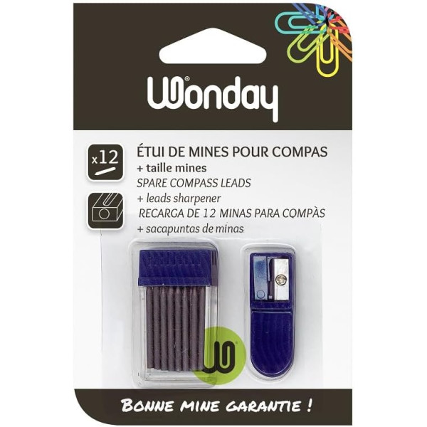 photo-Mines pour compas + taille mines - Etui de 12 mines - 2mm diamètre - Scolaire
