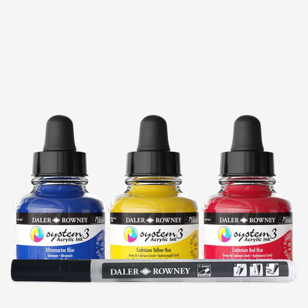 Encres acrylique - 3 flacons 29,5ml + 1 marqueur - Couleurs primaires -  Daler Rowney