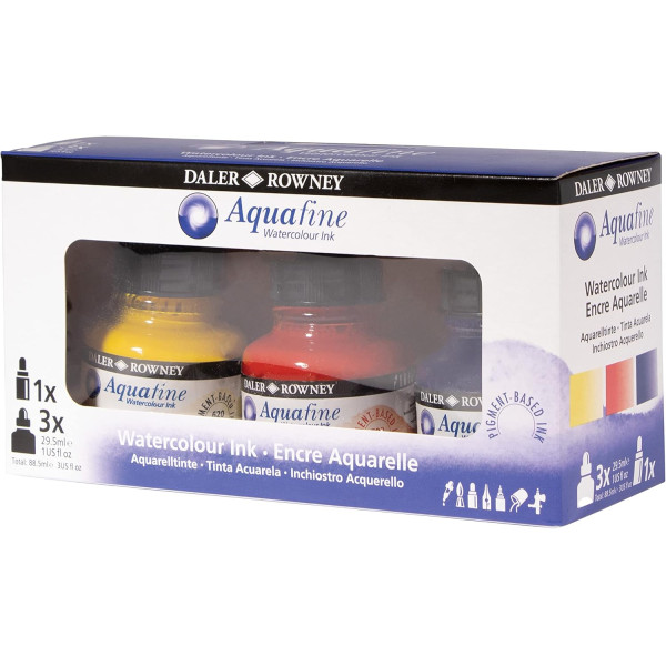 photo-Encres aquarelle - 3 flacons 29,5ml + 1 marqueur - Couleurs primaires -  Daler Rowney