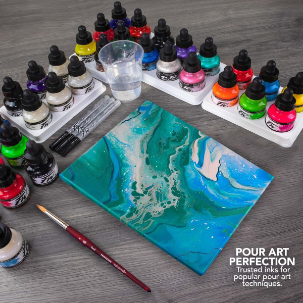 Encres acrylique - 3 flacons 29,5ml + 1 marqueur - Jaune, rouge et bleu -  Daler Rowney