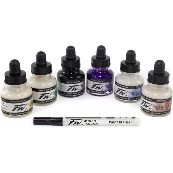 photo-Encres acrylique - 6 flacons 29,5ml + 1 marqueur - Couleurs irisées -  Daler Rowney