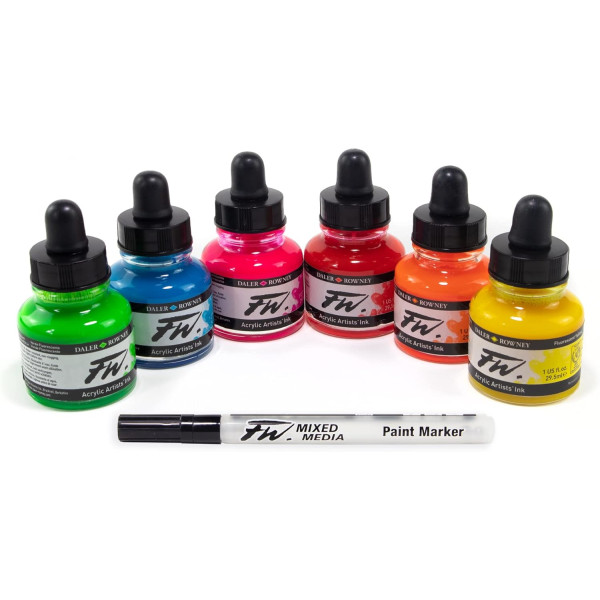photo-Encres acrylique - 6 flacons 29,5ml + 1 marqueur - Couleurs fluos -  Daler Rowney