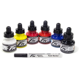 photo-Encres acrylique - 6 flacons 29,5ml + 1 marqueur - Couleurs primaires -  Daler Rowney