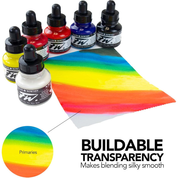 Encres acrylique - 6 flacons 29,5ml + 1 marqueur - Couleurs primaires -  Daler Rowney