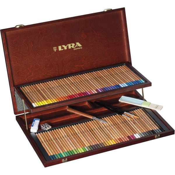 photo-Crayons de couleur - Aquarelle - Haute qualité - 96 couleurs + accessoires - Coffret bois - Beaux-arts - Lyra