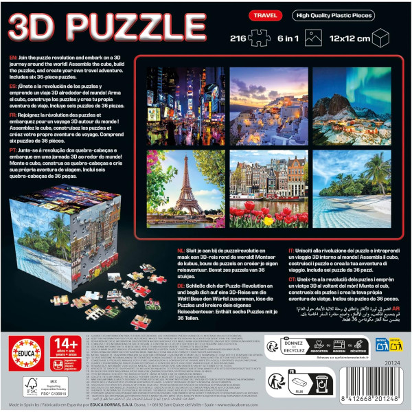 Puzzles 3D - Coffret de 6 puzzles de 36 pièces - Thème voyage - Dès 14 ans - Educa
