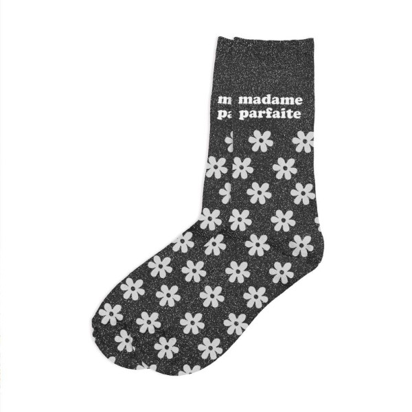 photo-Chaussettes - Femme - Noir avec paillettes et fleurs - Madame parfaite - Taille 36/42 - Humour - Cadeau