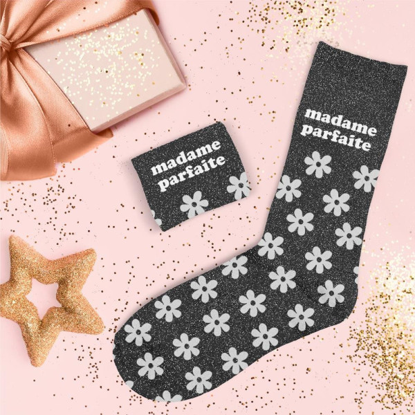 Chaussettes - Femme - Noir avec paillettes et fleurs - Madame parfaite - Taille 36/42 - Humour - Cadeau