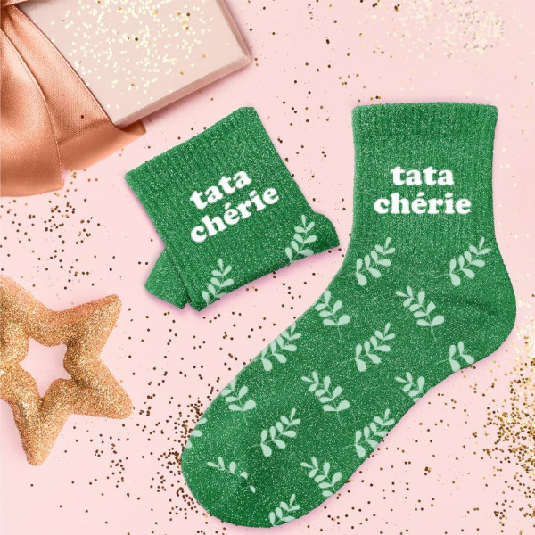 Chaussettes - Femme - Vert avec paillettes - Tata chérie - Taille 36/42 - Humour - Cadeau