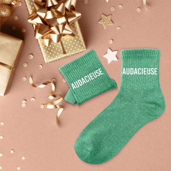 Chaussettes - Femme - Vert avec paillettes - Audacieuse - Taille 36/42 - Humour - Cadeau