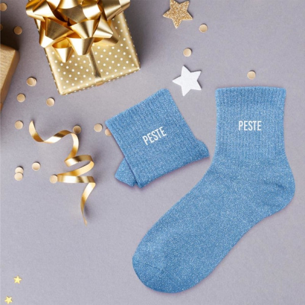 Chaussettes - Femme - Bleu avec paillettes - Peste - Taille 36/42 - Humour - Cadeau