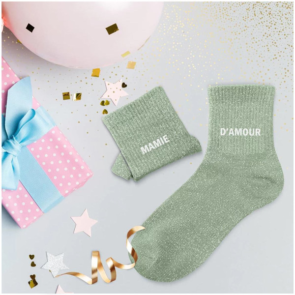 Chaussettes - Femme - Vert avec paillettes - Mamie d'amour - Taille 36/42 - Humour - Cadeau