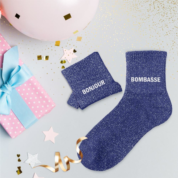Chaussettes - Femme - Bleu avec paillettes - Bonjour bombasse - Taille 36/42 - Humour - Cadeau