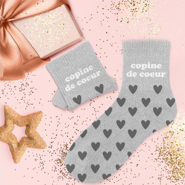 Chaussettes - Femme - Gris avec paillettes - Copine de cœur - Taille 36/42 - Humour - Cadeau