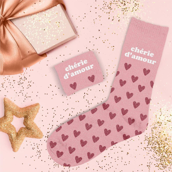 Chaussettes - Femme - Rose avec paillettes et coeurs - Chérie d'amour - Taille 36/42 - Humour - Cadeau