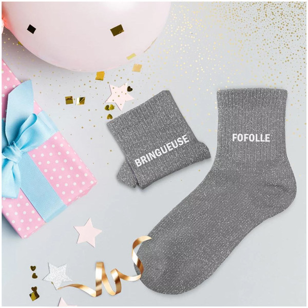 Chaussettes - Femme - Gris avec paillettes - Bringueuse fofolle - Taille 36/42 - Humour - Cadeau