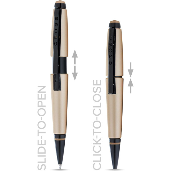 Stylo roller - Parure cadeau - Corps métal beige mat - Pointe moyenne - Cross Edge Rollerball