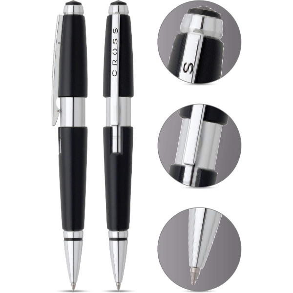 Stylo roller - Parure cadeau - Corps métal noir - Pointe moyenne - Cross Edge Jet Black