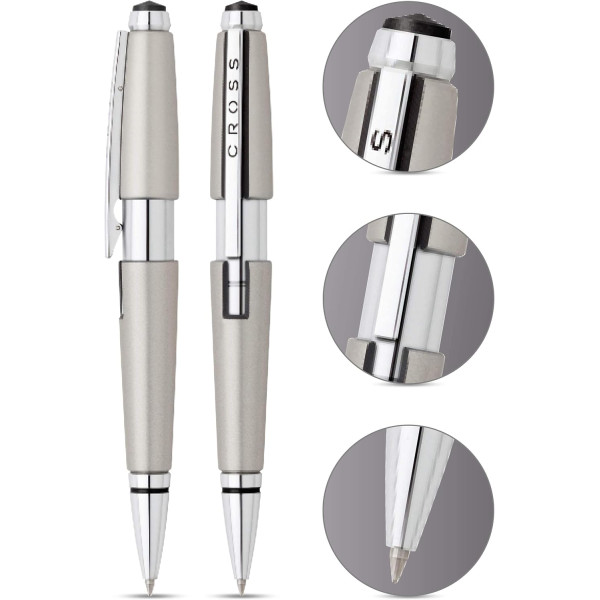 Stylo roller - Parure cadeau - Corps métal gris titane - Pointe moyenne - Cross Edge