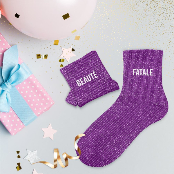 Chaussettes - Femme - Violet avec paillettes - Beauté fatale - Taille 36/42 - Humour - Cadeau