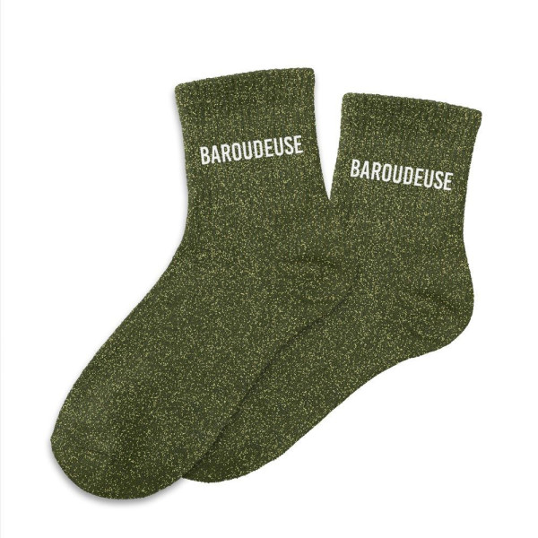 photo-Chaussettes - Femme - Vert avec paillettes - Baroudeuse - Taille 36/42 - Humour - Cadeau