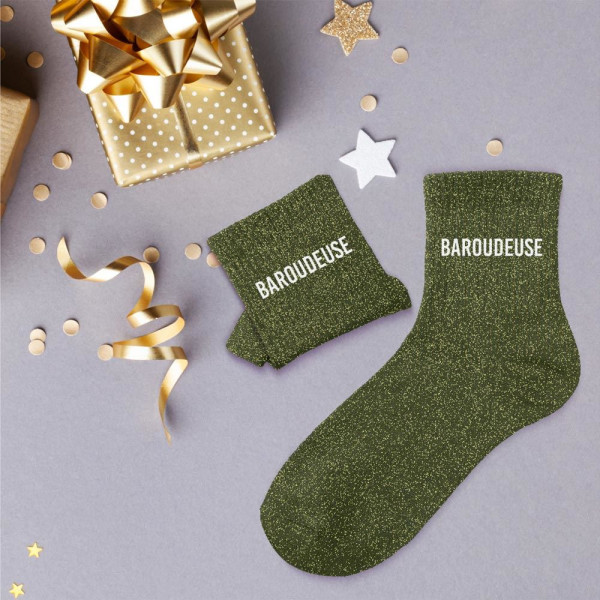 Chaussettes - Femme - Vert avec paillettes - Baroudeuse - Taille 36/42 - Humour - Cadeau