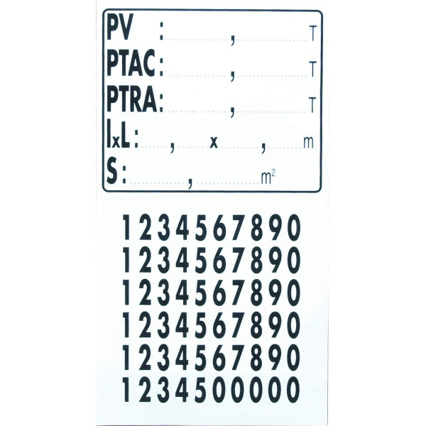 photo-Autocollants pour plaque de tare - Chiffres + PV,PTAC,PTRA,lxL,S - A coller