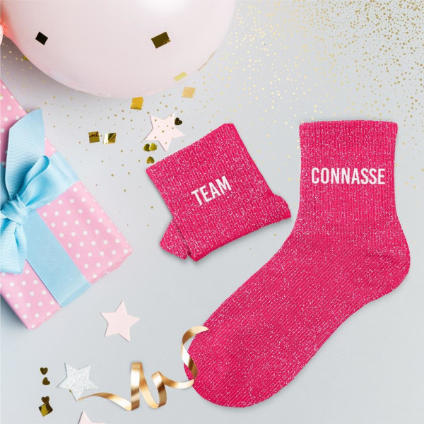 Chaussettes - Femme - Rose avec paillettes - Team connasse - Taille 36/42 - Humour - Cadeau