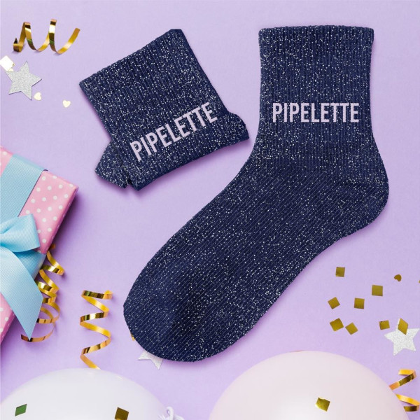 Chaussettes - Femme - Bleu avec paillettes - Pipelette - Taille 36/42 - Humour - Cadeau