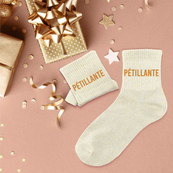 Chaussettes - Femme - Beige avec paillettes - Pétillante - Taille 36/42 - Humour - Cadeau