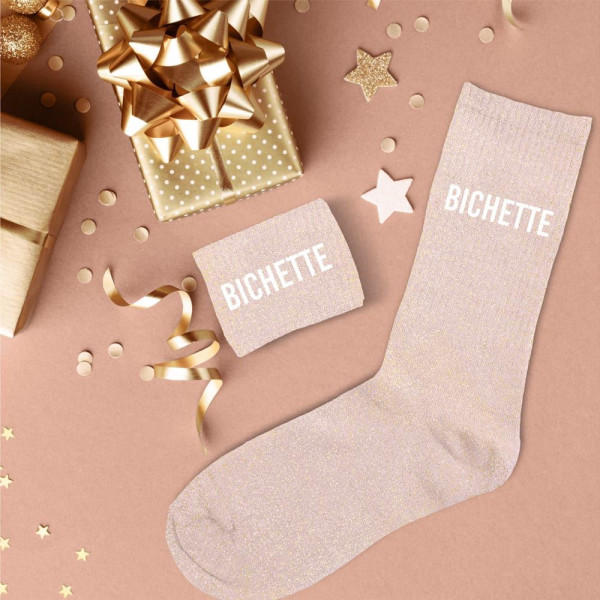 Chaussettes - Femme - Rose avec paillettes - Bichette - Taille 36/42 - Humour - Cadeau
