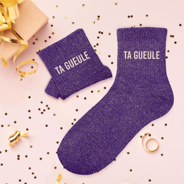 Chaussettes - Femme - Violet avec paillettes - Ta gueule - Taille 36/42 - Humour - Cadeau