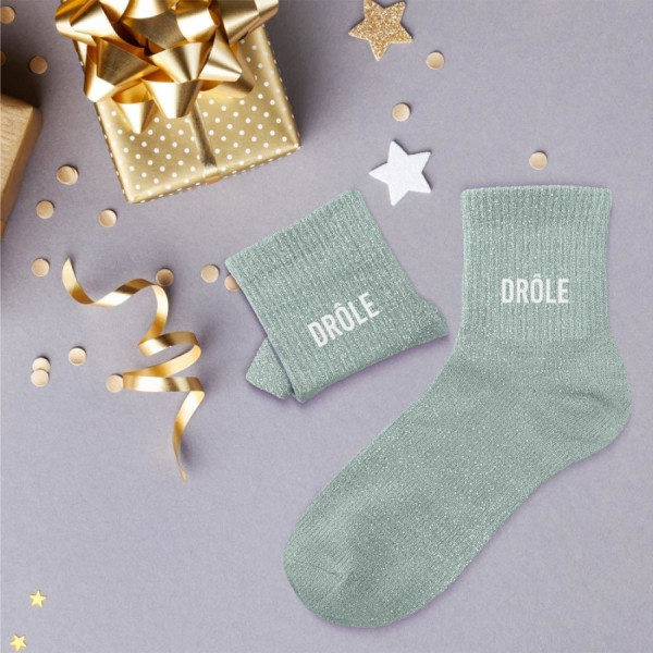 Chaussettes - Femme - Vert avec paillettes - Drôle - Taille 36/42 - Humour - Cadeau