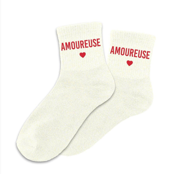 photo-Chaussettes - Femme - Beige avec paillettes - Amoureuse - Taille 36/42 - Humour - Cadeau