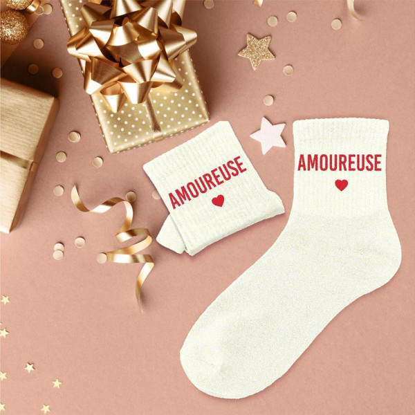 Chaussettes - Femme - Beige avec paillettes - Amoureuse - Taille 36/42 - Humour - Cadeau